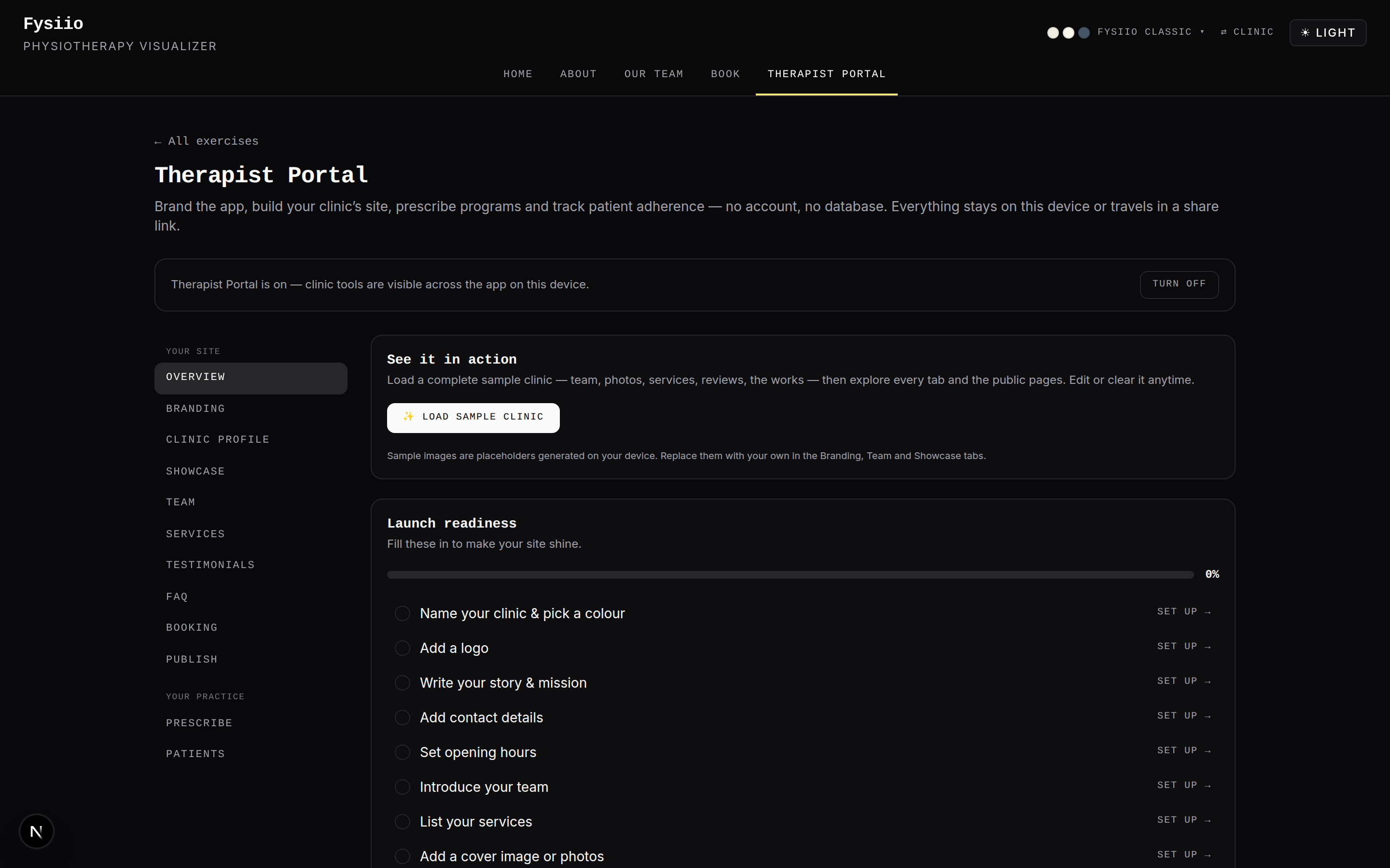 The Fysiio therapist portal, showing clinic branding and prescribing controls