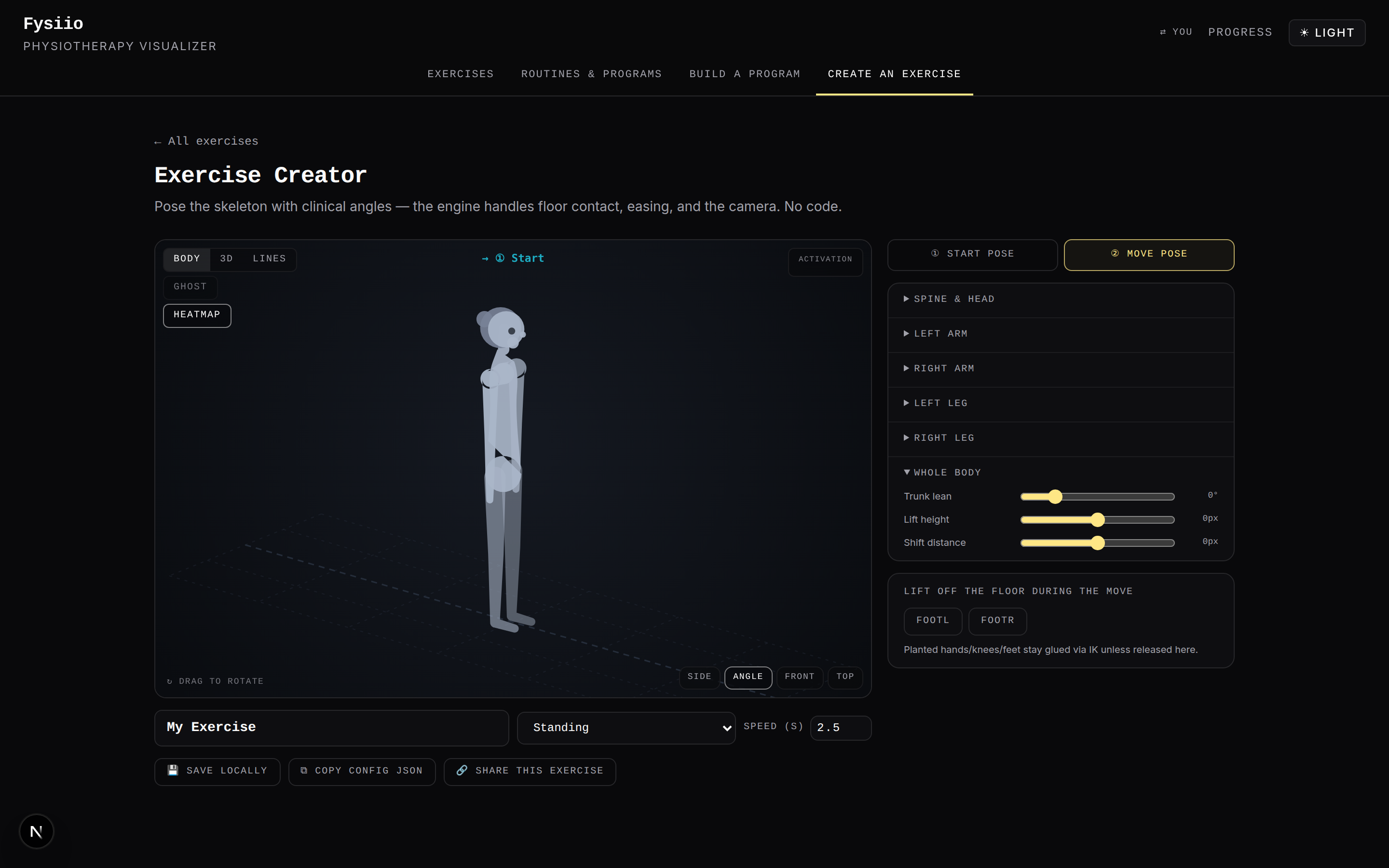 Fysiio exercise creator screen with joint-angle sliders used to pose the skeleton by hand.