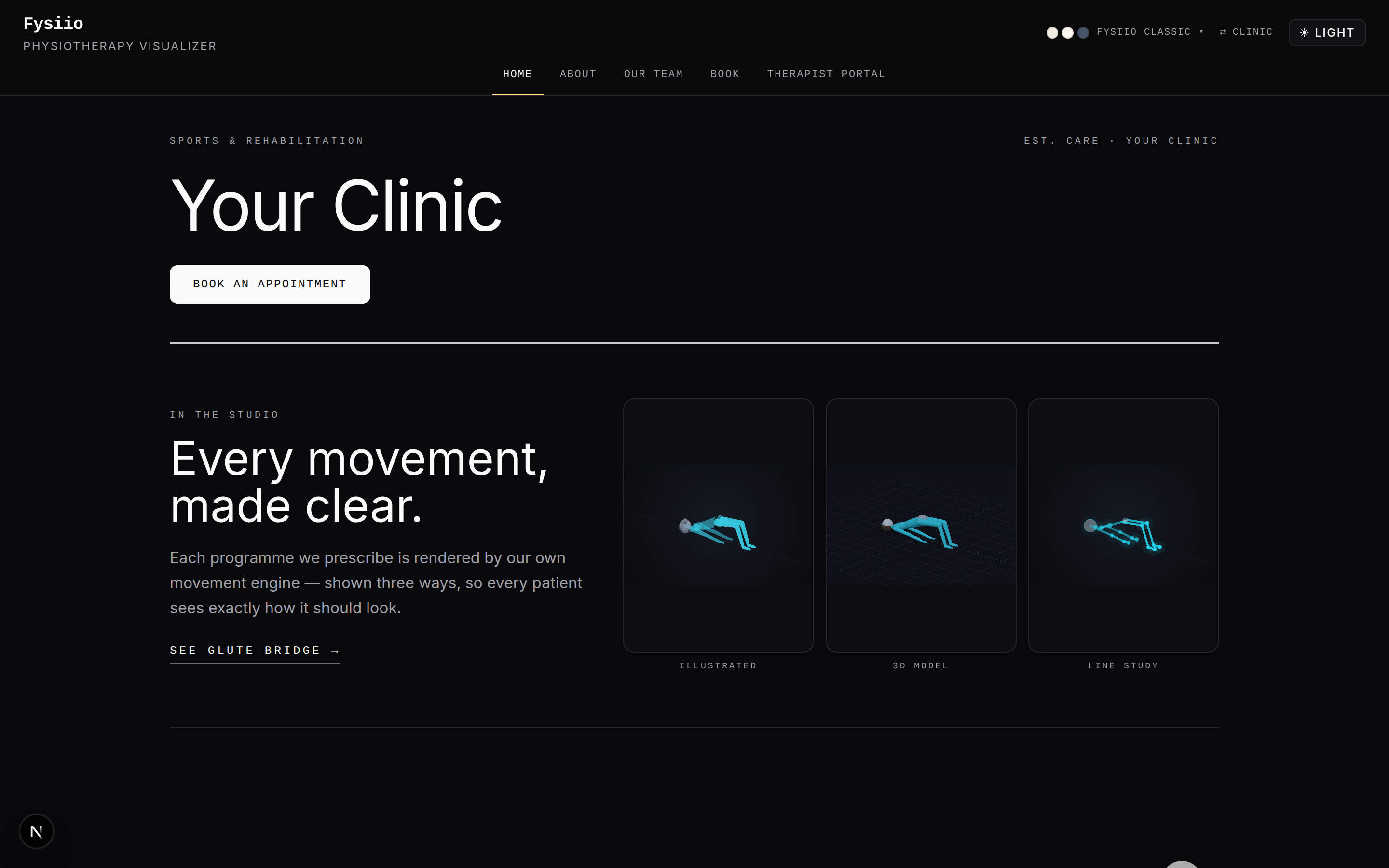 A clinic's patient-facing home page rendered in the Sérénité white-label design concept