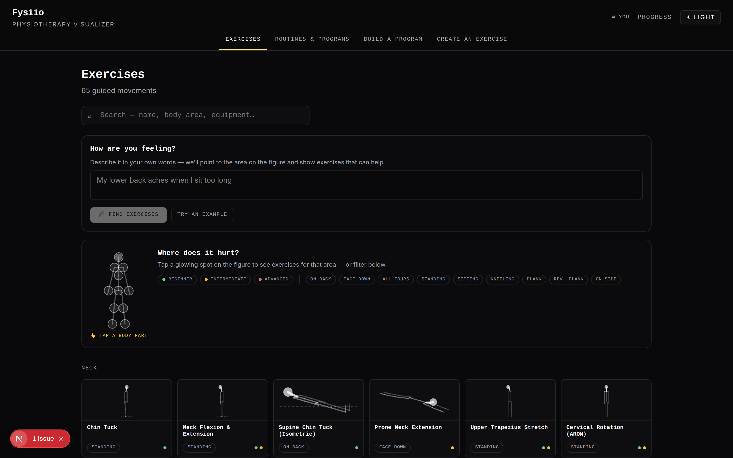 Fysiio exercise library screenshot, showing the 'Where does it hurt?' body-map filter above a list of neck exercises.