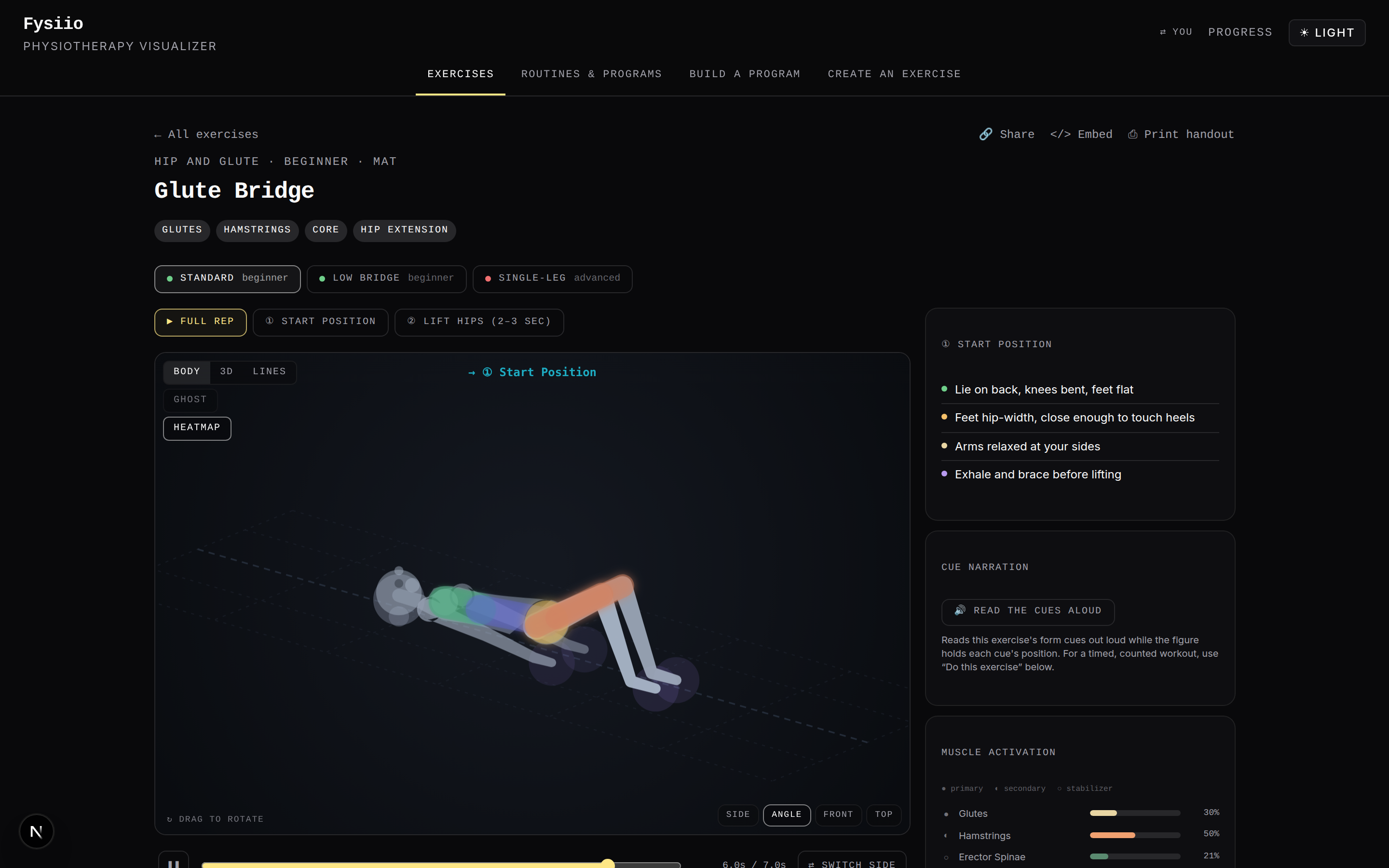 Fysiio exercise player showing the Glute Bridge in the illustrated-body style, with the muscle-activation heatmap panel open
