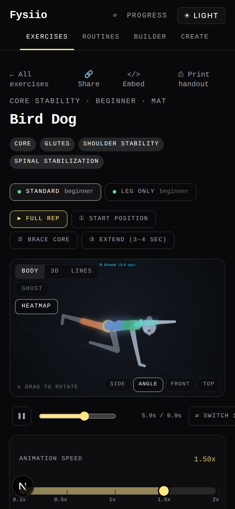 Fysiio mobile exercise player screenshot, showing an animated bird dog exercise with muscle-activation heatmap and step controls.